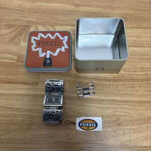 Women's Fossil Watch ES-1917 Rectangle Watch Silver Tin Extra Links New Battery